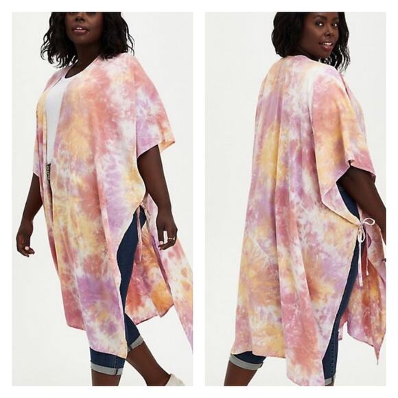 Torrid Pink Tie Dye Side Tie Open Front Long Ruana Kimono One Size NWT - Picture 8 of 8